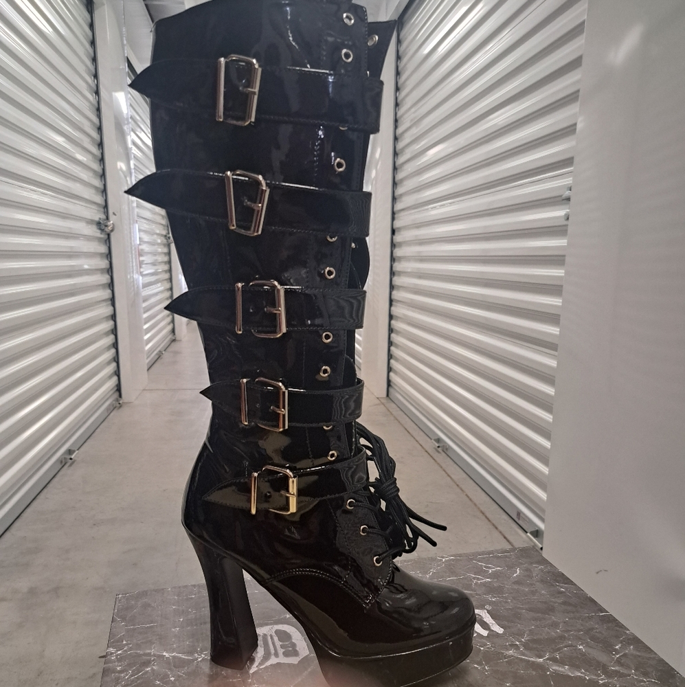 Demonia black patent leather knee high boots